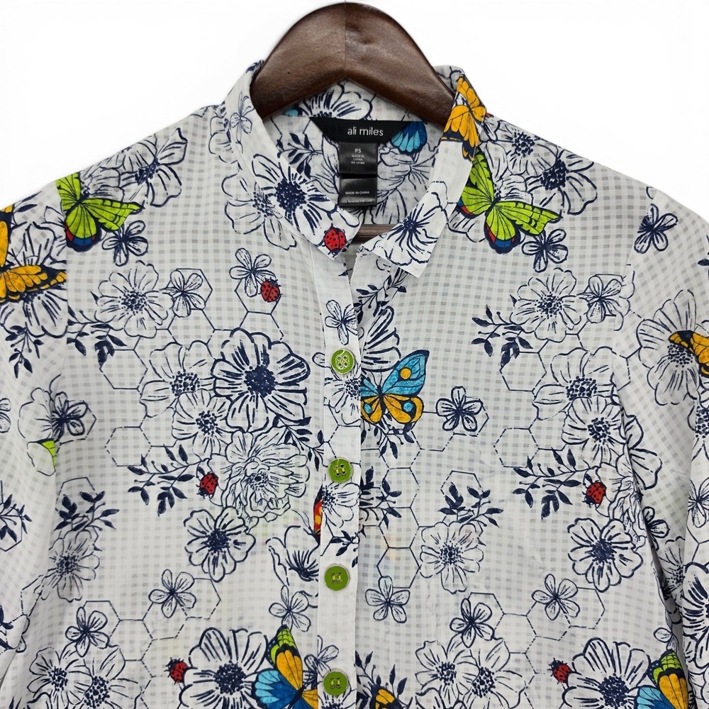 Ali Miles Petite Small Butterfly Floral Button Front Blouse Sheer Garden Cottage